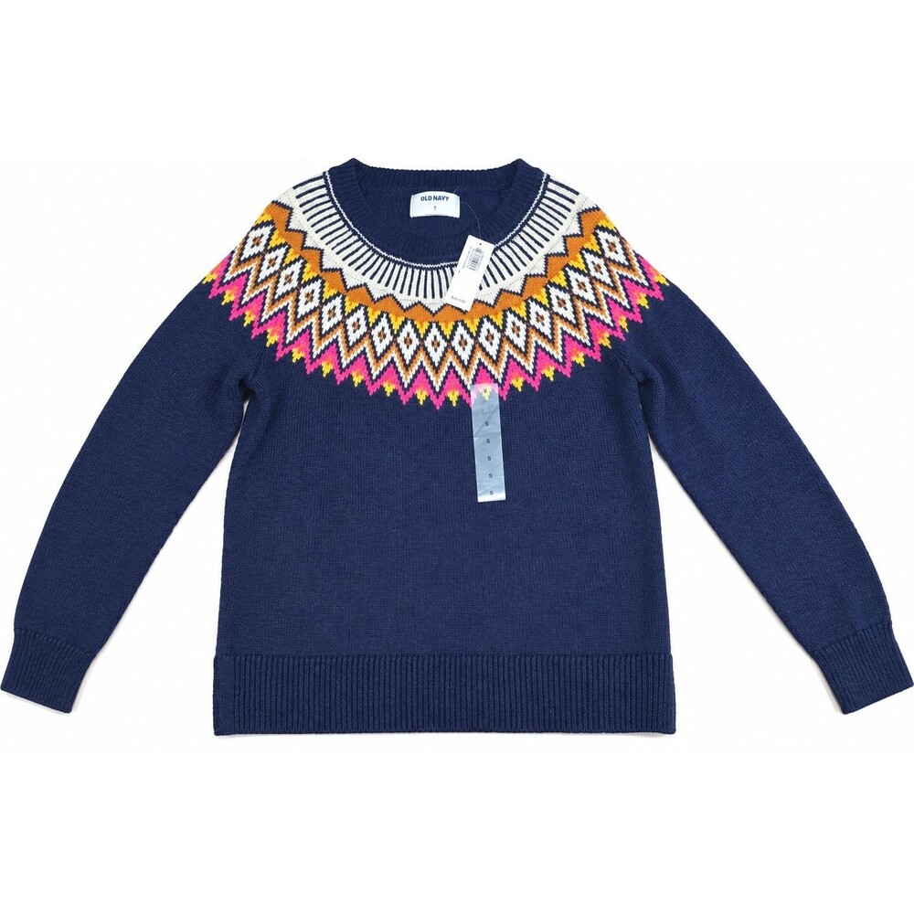 Old Navy Fair Isle Sweater Womens S Navy Nordic Crewneck Pullover NWT